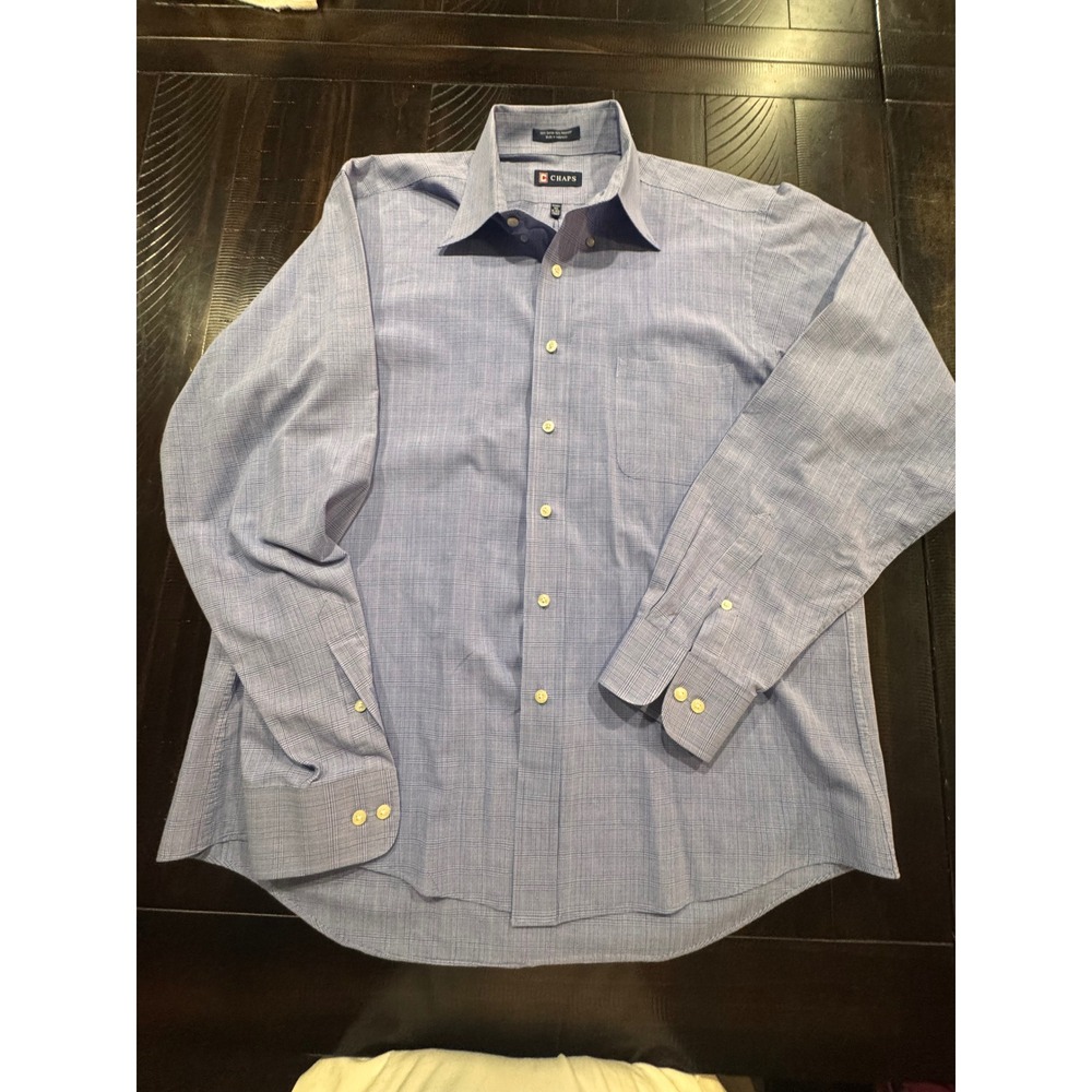 Chaps Mens Blue White Glen Plaid Wrinkle Free Button Down Shirt Large 16-16.5